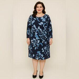 INC International Concepts Asymmetrical 3/4 Sleeves Blue Printed Dress Size 3x